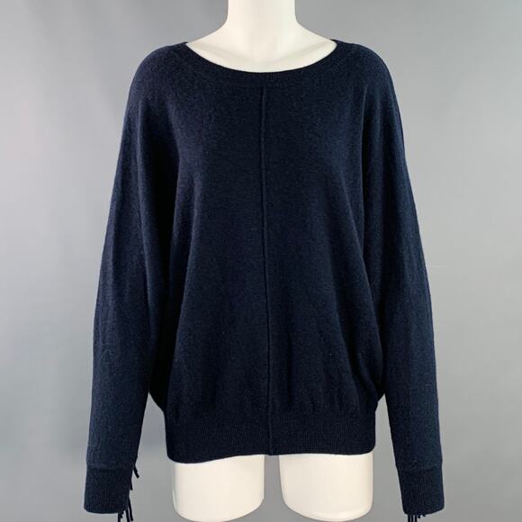 MINNIE ROSE Size M Navy Cashmere Fringe Crew Neck Pullover - Picture 1 of 6